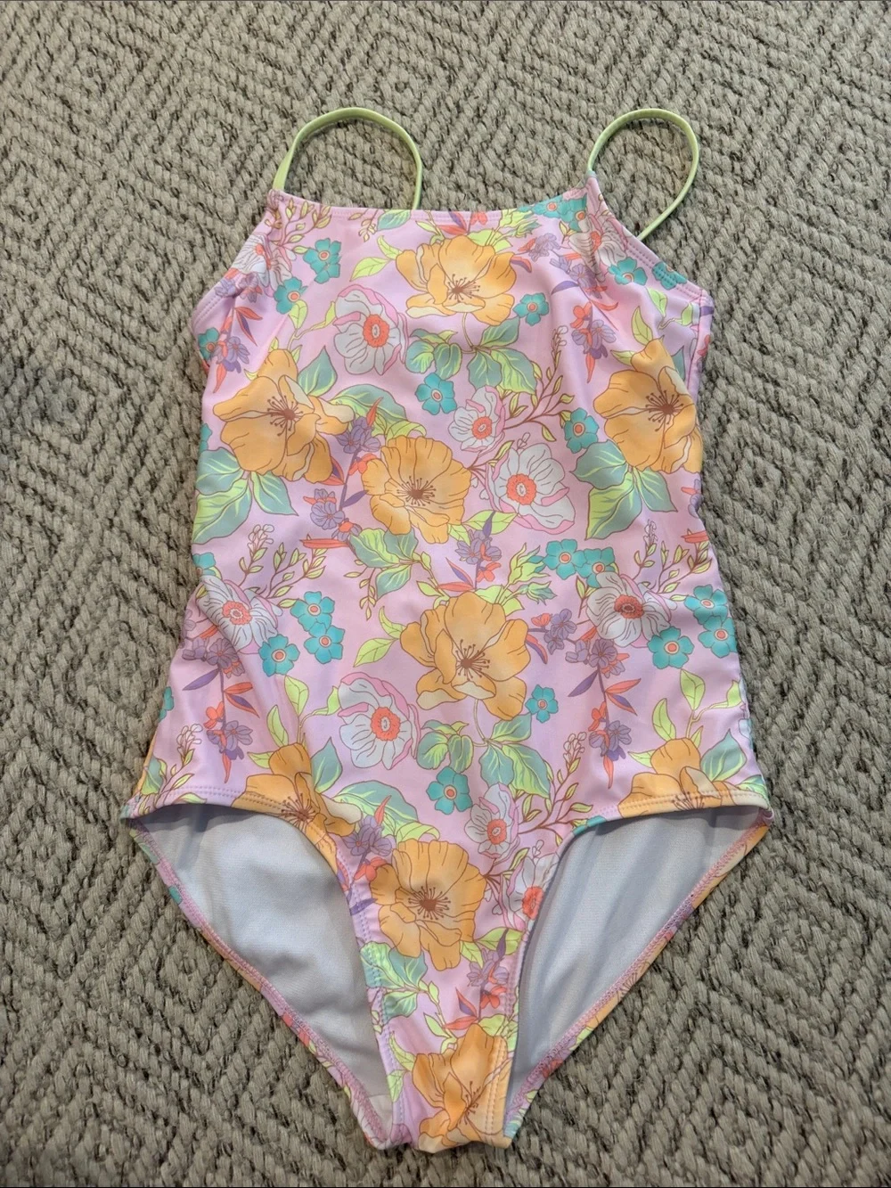 Justice Pink Floral One-Piece Swimsuit with Yellow Flowers